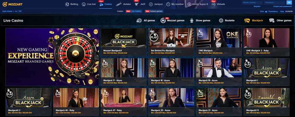 Mozzartbet Casino Blackjack Games Screenshot